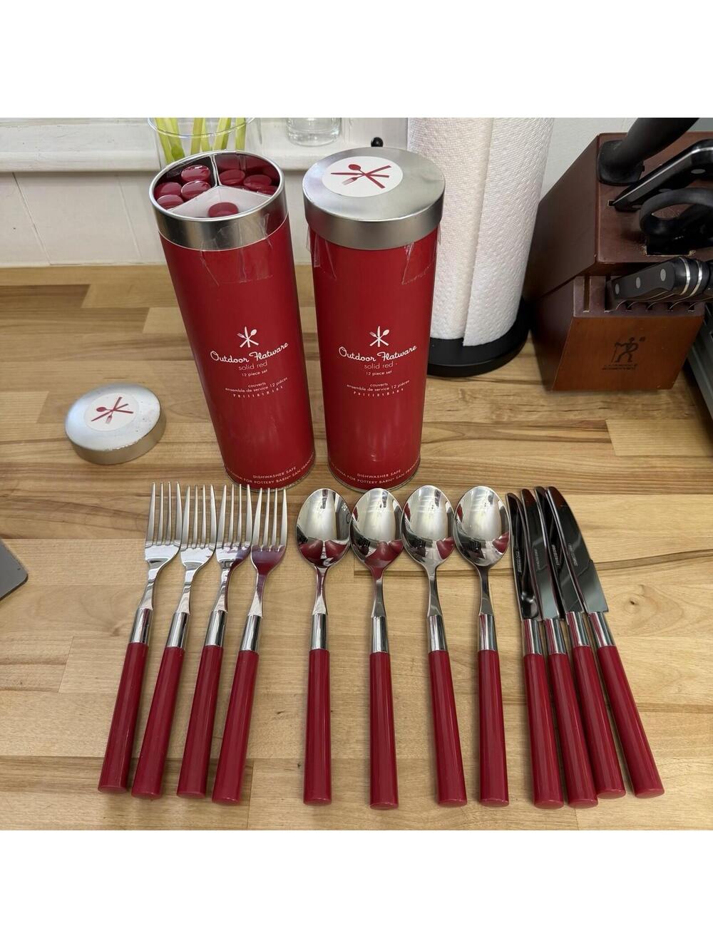 Pottery Barn 24 Piece Acrylic Flatware Set Stainless with Red Plastic Handle